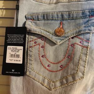 True Religion Joey Flap Pink Back Pocket Stitching with Pink Crystals Size 31